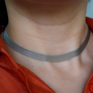 SILVER Vintage Choker Herringbone Necklace, Mesh Choker Necklace Women, Stainless Steel WATERPROOF Jewelry Vintage Jewelry Necklace for Her