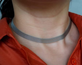 SILVER Vintage Choker Herringbone Necklace, Mesh Choker Necklace Women, Stainless Steel WATERPROOF Jewelry Vintage Jewelry Necklace for Her