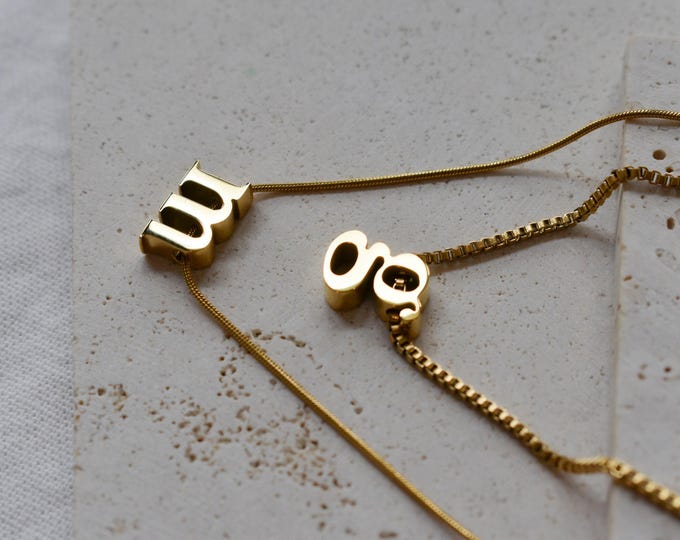 GOLD Initial Necklace, Lowercase Initial Name Necklace, Custom Name Letter M Solid Snake Chain WATERPROOF Jewelry Gift for Her Woman