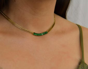 Gold Wavy Double Chain Necklace Crystal CZ Stone Tennis Baguette Bracelet Set Chain Jewelry Zircon Gold Chain Necklace Anti Tarnish Jewelry
