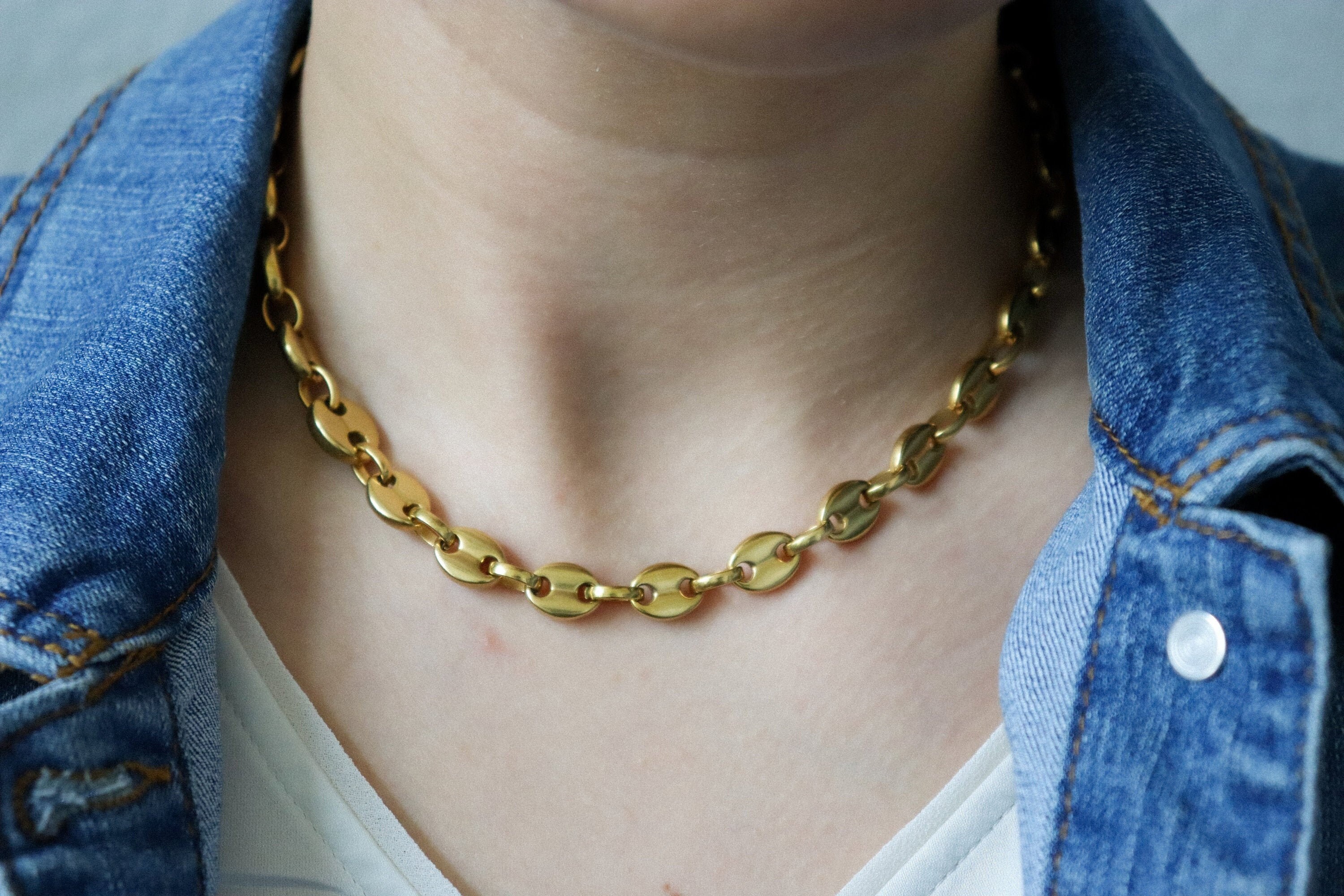 18K Gold Coffee Bean Chains Necklaces for Women Men Punk Hip 18K Gold Coffee Bean Chains Necklaces for Women Men Punk Hip