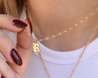 Gold Filled Old English Name Necklace, Old English Initial Necklace, Name Necklace WATERPROOF Necklace, Personalized Name Necklace