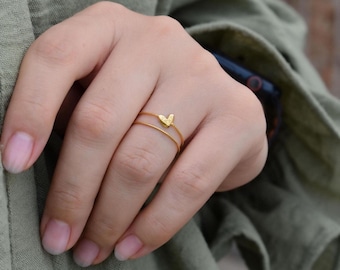 Gold Filled Girl Heart Minimalist Adjustable Ring • Statement Double Band Ring • Thin Girly Gift Women Solid Ring • Heart Love  Gift for Her