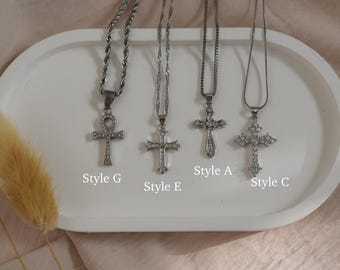 Sterling Silver Cross Necklace, Silver Chain Necklace, Cable Link Figaro Mens His Kids Women Cross Necklace, WATERPROOF Christmas Necklace