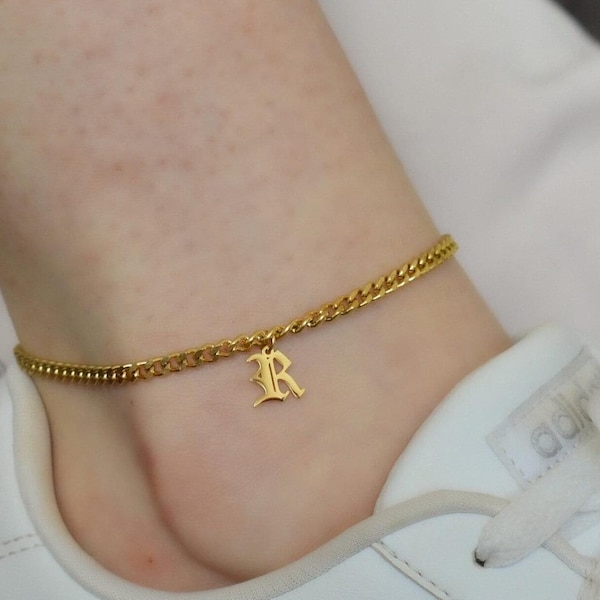 Tobillera de oro de 18 quilates con inicial de letra inglesa antigua, perla, personalizada, con la letra A, C y M, delicada, de acero inoxidable, resistente al agua, ideal como regalo para mujer.