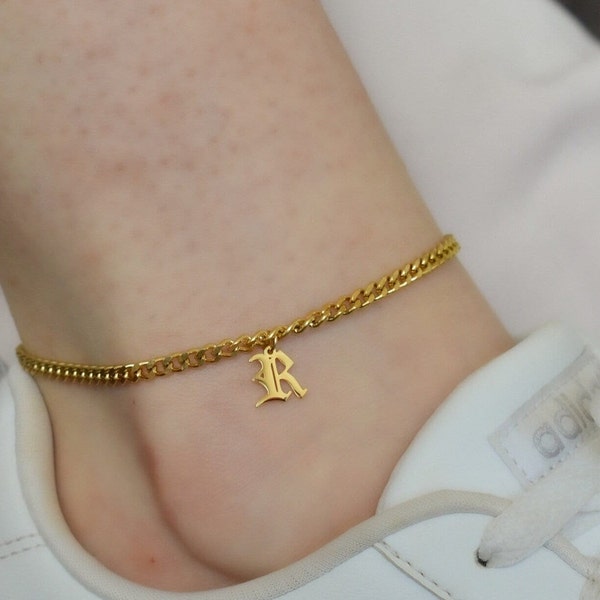 18K Gold Old English Letter Initial Pearl Daily Anklet, Personalized A C M Anklets, Dainty Anklet, Stainless Steel WATERPROOF Gift for Women