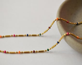 Gold Necklace with Rainbow Bead Chain  Waterproof Jewelry Gift for Women Christmas Minimalist Unique Elegant Everyday Comfortable Jewelry
