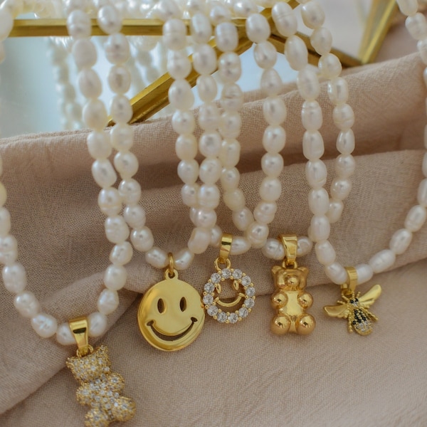 Pearl Charm Necklace, Heart Bee Bear Butterfly Smiley Emoji Necklace Anklet Bracelet Set, Gold Waterproof Women Freshwater Jewelry Best Gift