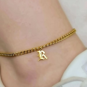 18K Gold Old English Letter Initial Pearl Daily Anklet, Personalized A C M Anklets, Dainty Anklet, Stainless Steel WATERPROOF Gift for Women