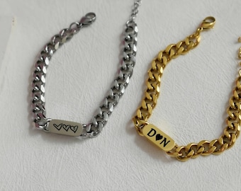 Custom Text Bar Bracelet GOLD Customized Engraved Men Bracelet Couple Love Initials Name Birthday Gift For Women Men Her by LunaScott