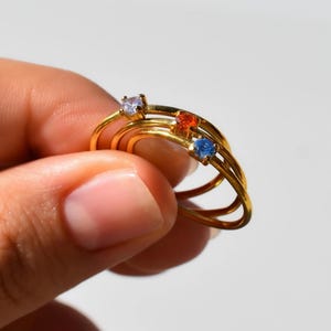 GOLD Birthstone Rings, Green Emerald Stacking Ring, Mini Minimalist Ring, Zodiac Thin Brilliant Stone Women Gift for Her WATERPROOF