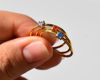 GOLD Birthstone Rings, Green Emerald Stacking Ring, Mini Minimalist Ring, Zodiac Thin Brilliant Stone Women Gift for Her WATERPROOF