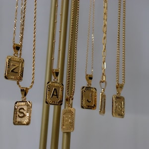 18K Gold Initial Letter Necklace, Medal Gold Initial Letter Pendant Necklace Square Alphabet Rectangle Medallion Pendant Best Women Necklace