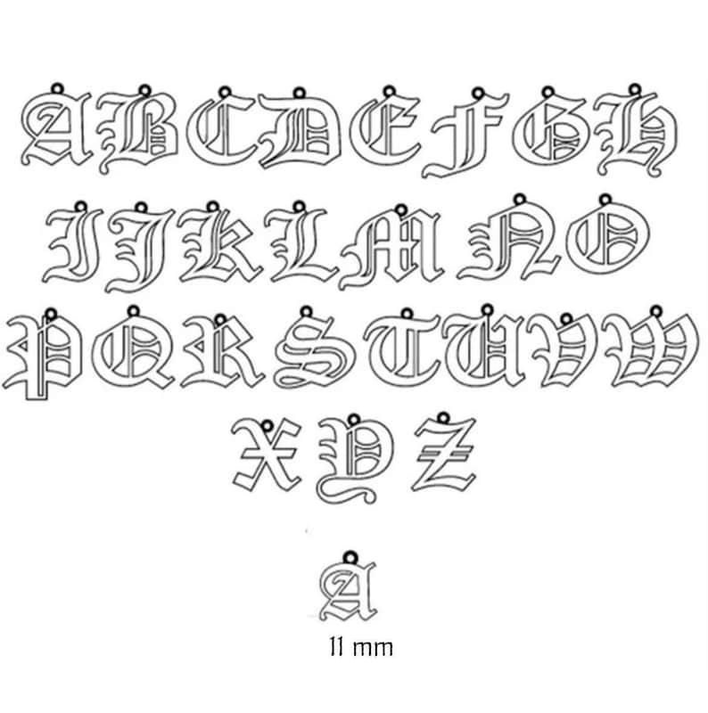 the letters of the alphabet in a Gothic font, with each letter having a small black dot or ornament attached to it. The font is designed to resemble the style of Gothic writing.