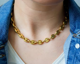 18K Gold Coffee Bean Chains Necklaces For Women Men Punk Hip Hop Stainless Steel Jewelry Pig Nose Link Chains Choker WATERPROOF Necklace