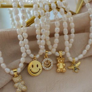 Pearl Necklace with Gold Bear · Smiley Charm Necklace Crystal Bear, Butterfly Necklace, Pearl Choker, Pearl Chain Women Necklace WATERPROOF