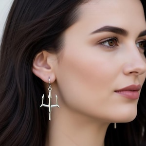 Silver Trident Pitchfork Earrings Sterling Silver Finish Waterproof Poseidon's Fork Rod Pendant Men Women Gift Satan Her Minimalist Jewelry