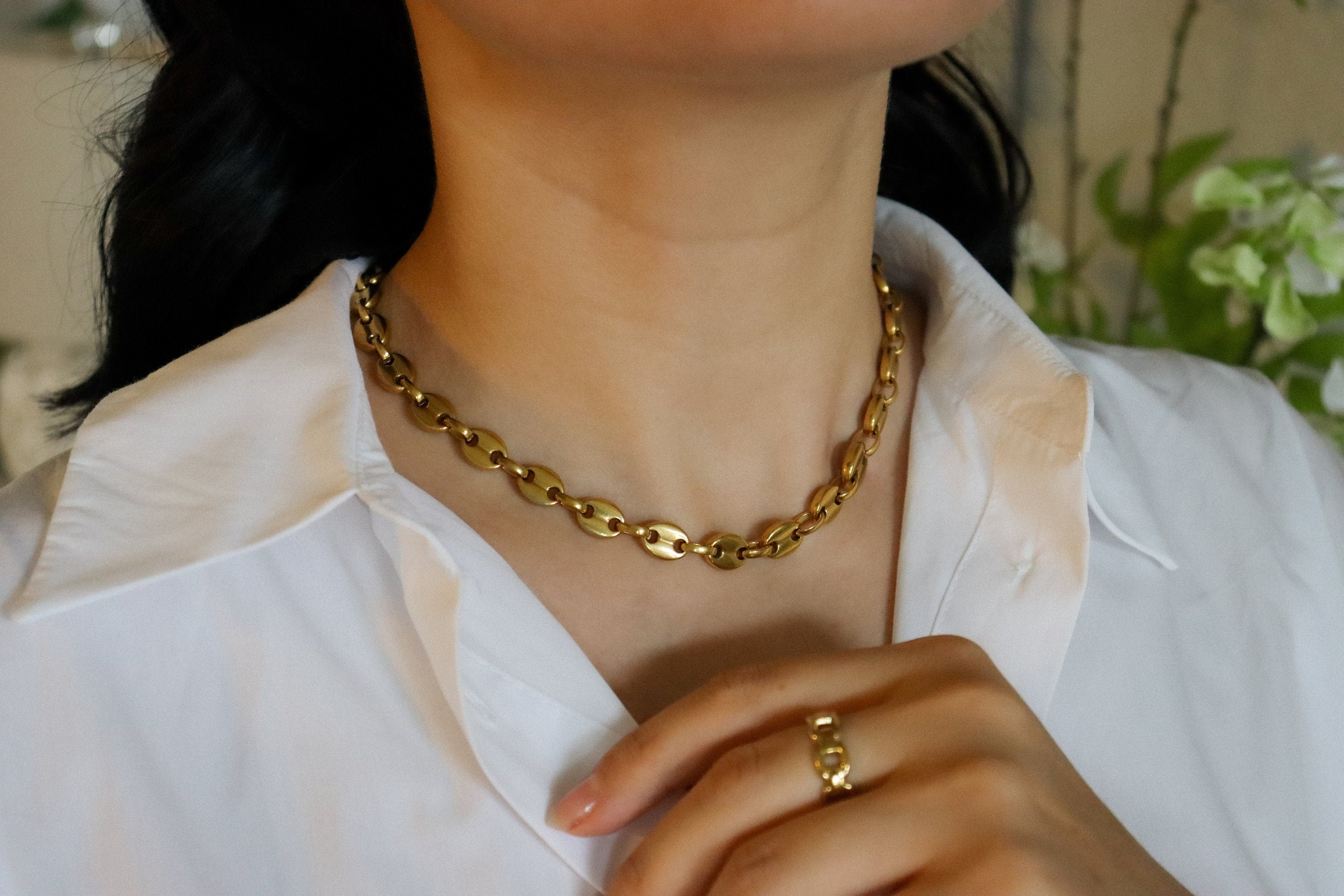 18K Gold Coffee Bean Chains Necklaces for Women Men Punk Hip 18K Gold Coffee Bean Chains Necklaces for Women Men Punk Hip