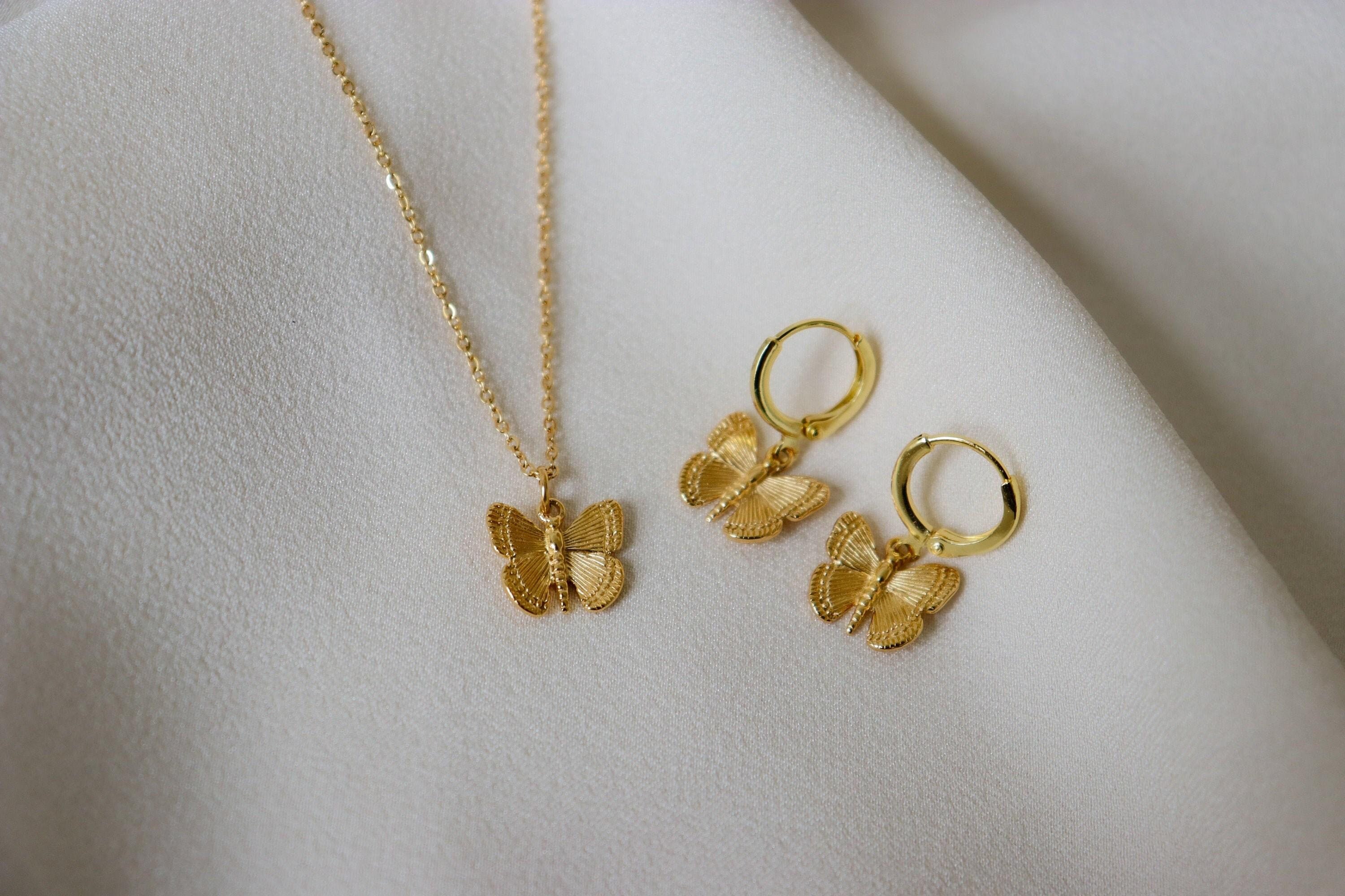 18k Gold Butterfly Pendant Necklace Set · Butterfly Wings Necklace, Minimalist Handmade Necklace WATERPROOF Jewelry Figaro Twist Girl Chain