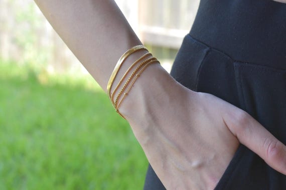 GOLD Snake Chain Bracelet, Daily Chain Bracelet Herringbone Bead Box Chain WATERPROOF Gold Women Bracelet Anklet Set Jewelry by LUNA