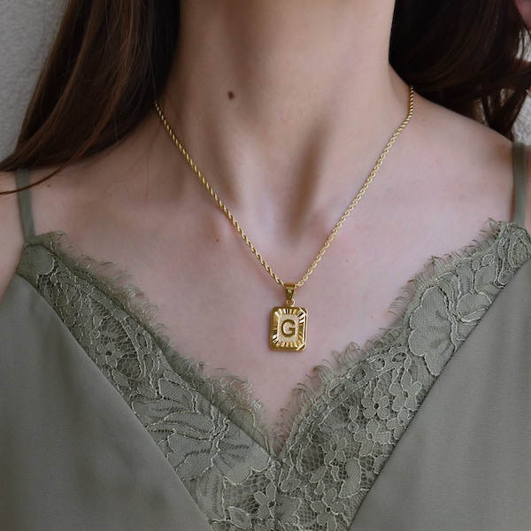 Initial Letter Necklace, Medal Gold Initial Letter Pendant Necklace, Square Alphabet Rectangle Medallion Pendant, Personalized Her Gold Gift