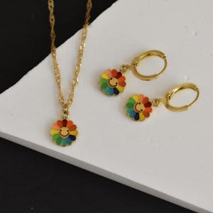Daisy Earrings Colorful Flower Earrings · Taboo Necklace Earrings SET Rainbow Pendant Solid Gold Filled Girl Daughter Gift Handmade Jewelry