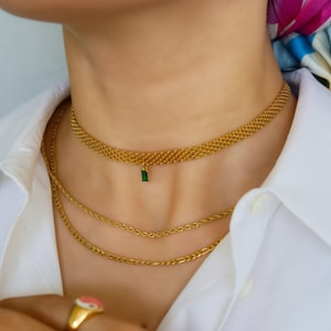 18K GOLD Mesh Vintage Choker Necklace, Zircon Stone Necklace, WATERPROOF Necklace Gold Retro Gift Gemstone Necklace Watchband  Chain