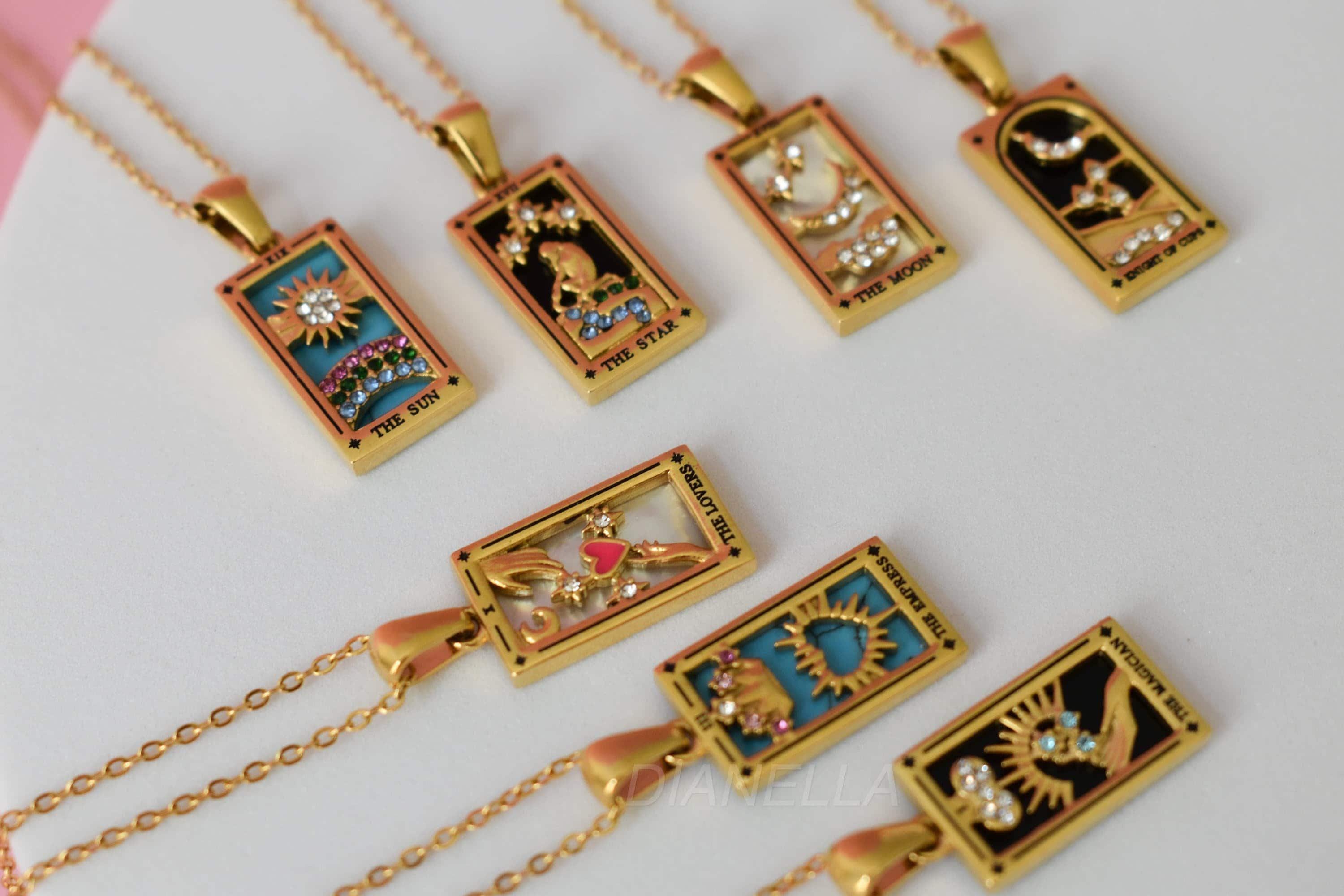TINGN Double Layer Vintage Tarot Card Pendant Necklaces Delicate Retro Stainless Steel Amulet Laser Engraved Astrology Magic Good Luck Chain Women Me