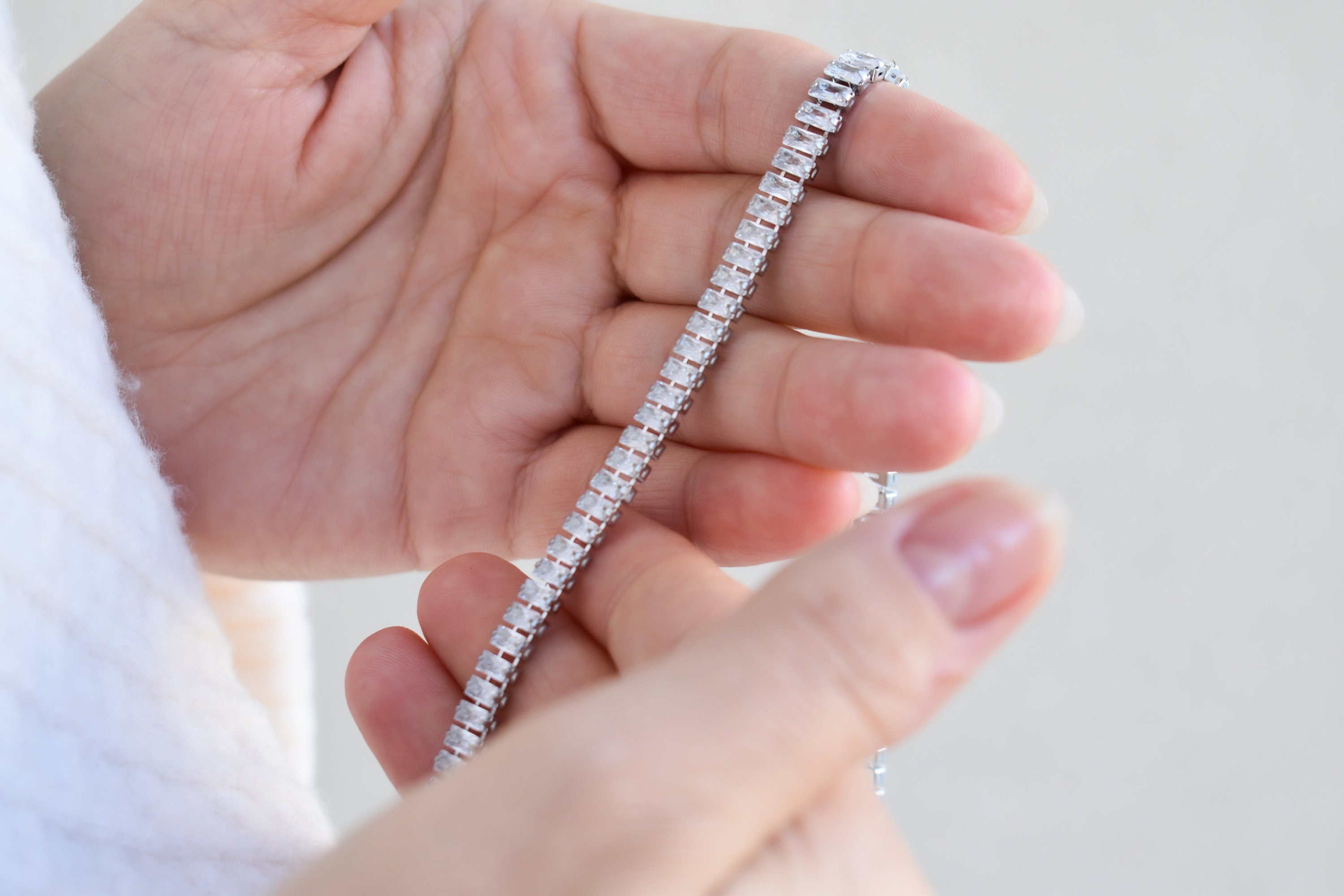 Silver Tennis Baguette Bracelet, Baguette Cubic Zirconia Stone Diamond Cut Her Every Day Shiny Bracelet Chain CZ Zircon Stainless WATERPROOF