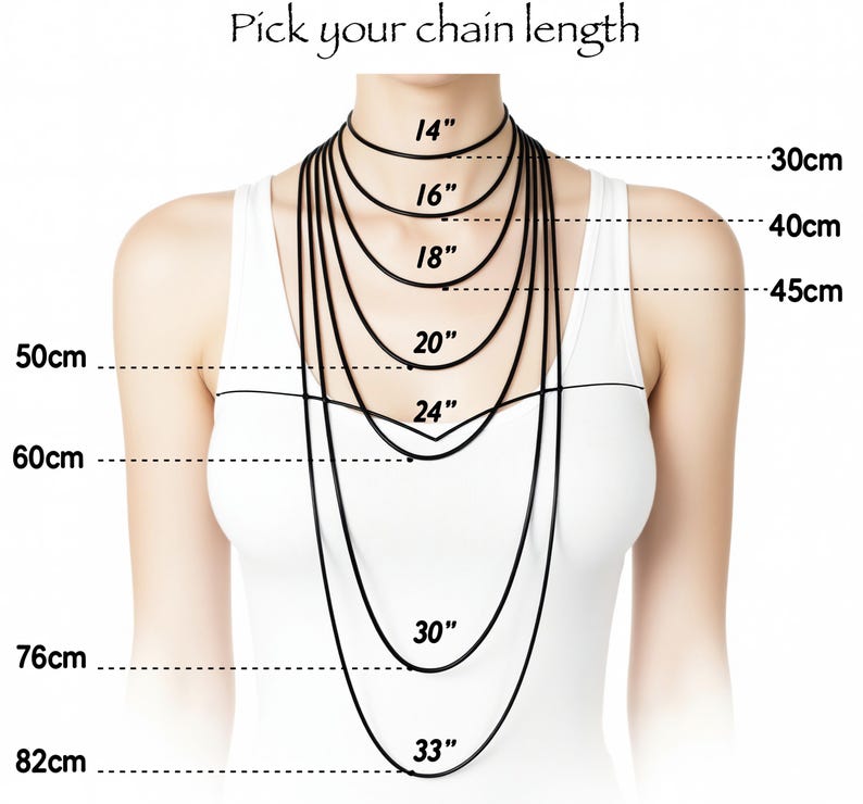 The image is a diagram that shows the size of a necklace in centimeters, ranging from 14 to 80 centimeters. It provides a visual representation of the chain length for different necklace sizes.