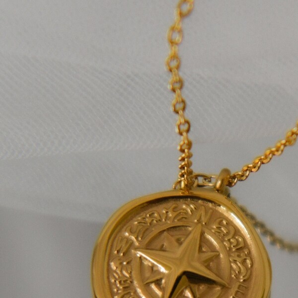 Gold Compass Necklace • Pendant Coordinates Vintage Mens Necklace • North Star East West Charm Personalized Engraved Engravable Compass Gift