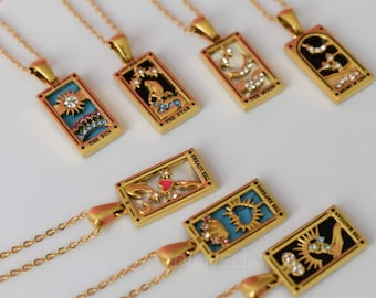 The World Tarot Card Necklace GOLD Star Moon Magician  Pendant Necklace Waterproof Personalized Handmade Astrology Jewelry by Luna Scott