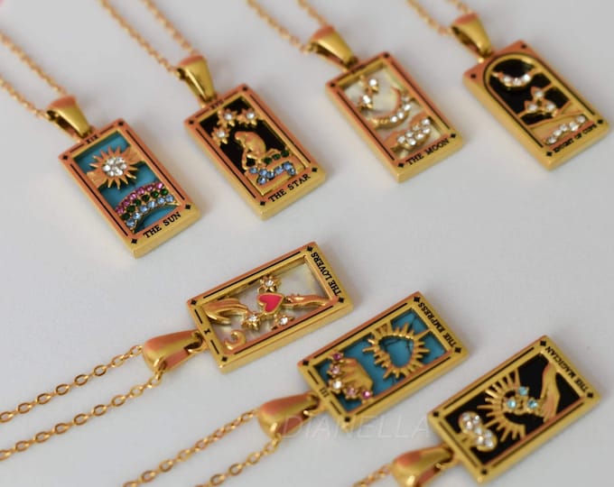 The World Tarot Card Necklace GOLD Star Moon Magician  Pendant Necklace Waterproof Personalized Handmade Astrology Jewelry by Luna Scott