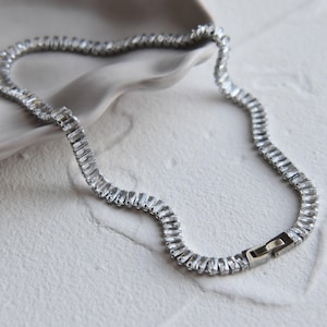 6mm Wide Silver Stainless Steel Tennis Baguette Necklace 18K Gold Square Cubic CZ Zircon Choker WATERPROOF Her Christmas Gift Women Jewelry