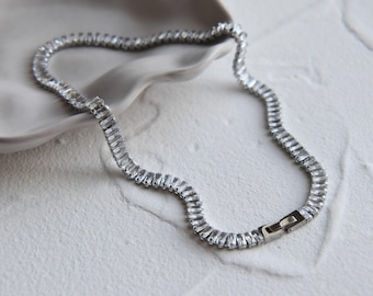 6mm Wide Silver Stainless Steel Tennis Baguette Necklace 18K Gold Square Cubic CZ Zircon Choker WATERPROOF Her Christmas Gift Women Jewelry