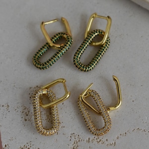 Link GOLD Dangle Earrings, Double Hoop, Oval C Shape Jewelry Gift for Her, Mom, Women, Bridesmaid Emerald Crystal Handmade Earrings