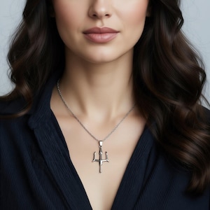Trident Pitchfork Silver Chain Necklace - Poseidon's Trident Pendant Necklace Silver Men Women Gift for Him Boy Man Dad WATERPROOF Jewelry