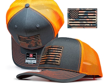 American Flag Hat - Orange Hunting Camouflage Leather Patch 