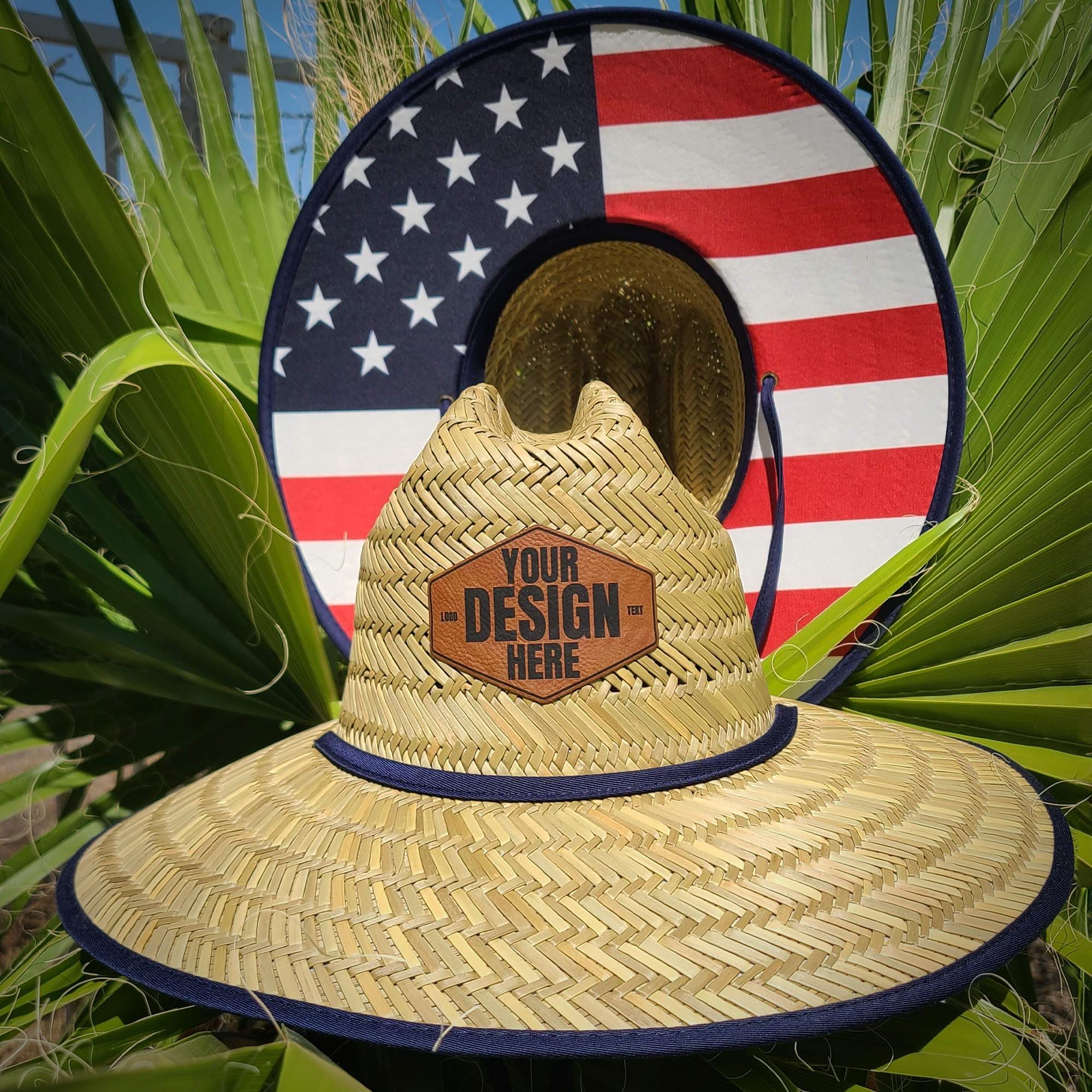 Custom Your Logo Straw Hat with USA Flag Under Brim – Personalized Leatherette Patch Lifeguard Sun Hat – Fishing, Beach, 4th of July Gift
