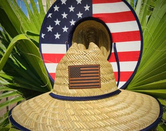 USA Flag Straw Sun Hat - Custom Leatherette Patch – 4th of July Patriotic Lifeguard Hat - American Flag Fishing Hat - Great Vacation Gift