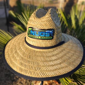 Custom Straw Sun Hat : UV Printed Full Color Leather Patch , Personalized Business Logo Hat