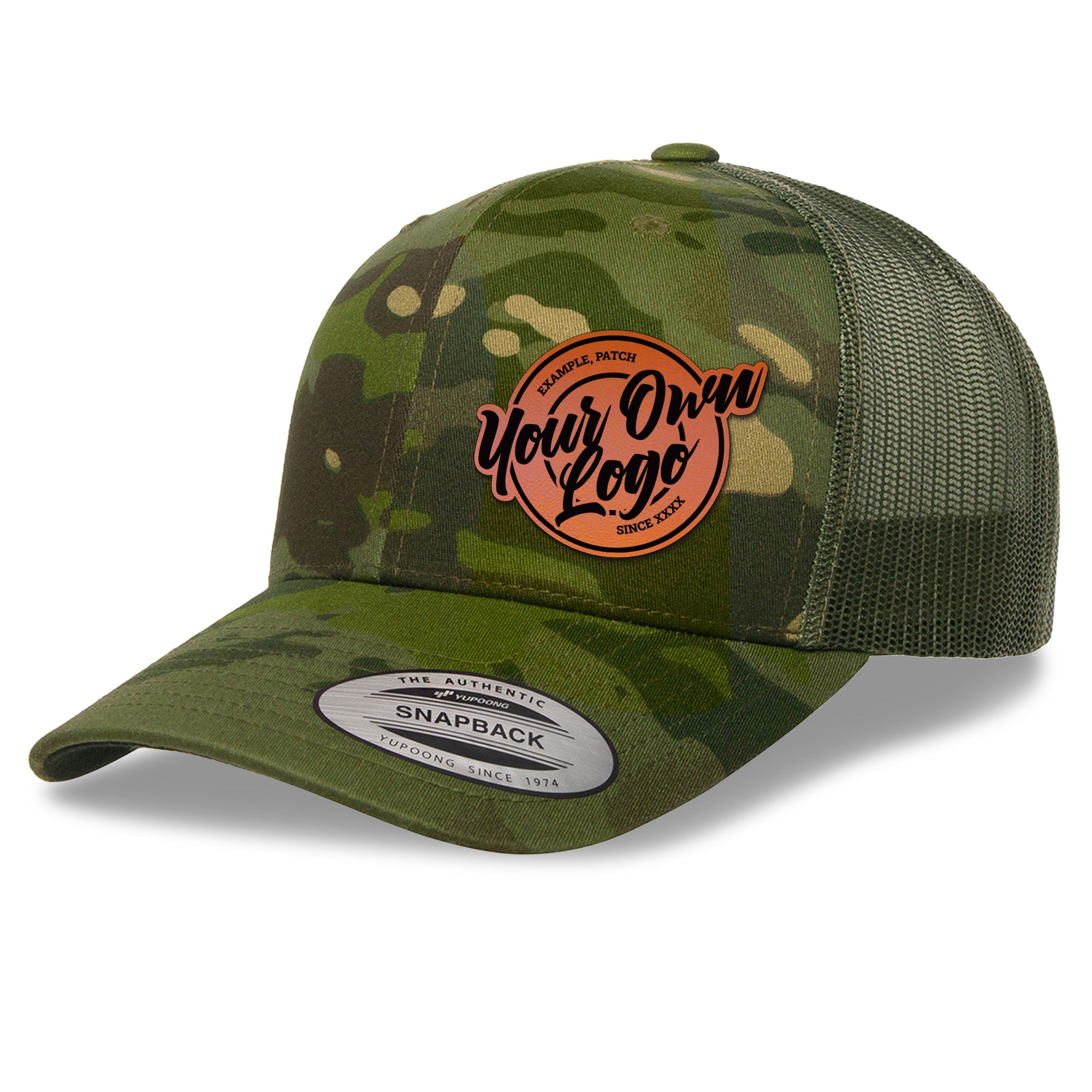 Personalized Multicam Camo Trucker Hat: Engraved Leather 