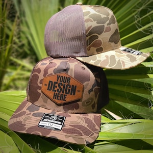 Custom Engraved Leather Patch Duck Camo Trucker Hat - Richardson 112 Snapback