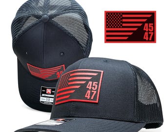 Trump 45 47 Hat: American Flag Red Leather Patch Trucker Cap