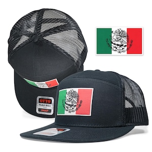 May include: Black trucker hat with a mesh back and a large embroidered Mexican flag patch on the front. The hat has a snap closure and a flex bill.