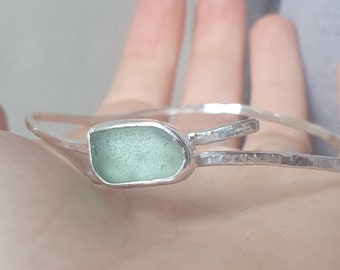 Delicate sterling silver sea glass bangle, hammered texture, large, pale blue, adjustable