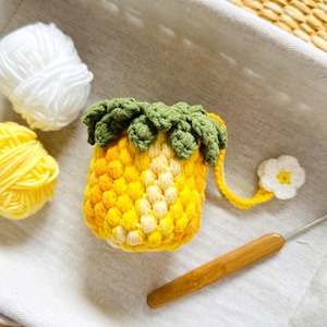 Crochet Fruit Pouch, Pineapple Crochet Drawstring Purse with Flower, Handmade Crochet Pouch Gift for College, Fruit Lover Birthday Gift