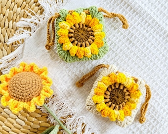 Sunflower Crochet Pouch, Custom Color Sunflower Drawstring Bag for Daily Match, Handmade Crochet Purse Gift for College, Birthday Gift