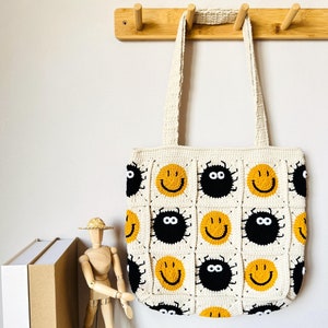 Smiley Face Crochet Tote Bag, Knitted Smile Granny Square Tote Bag, Handcrafted Crochet Handbag Gift for College, Birthday Gift for Women