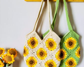 Sunflower Crochet Tote Bag, Custom Sunflower Granny Square Bag for Daily Match, Handmade Crochet Purse Bag Gift for College, Birthday Gift